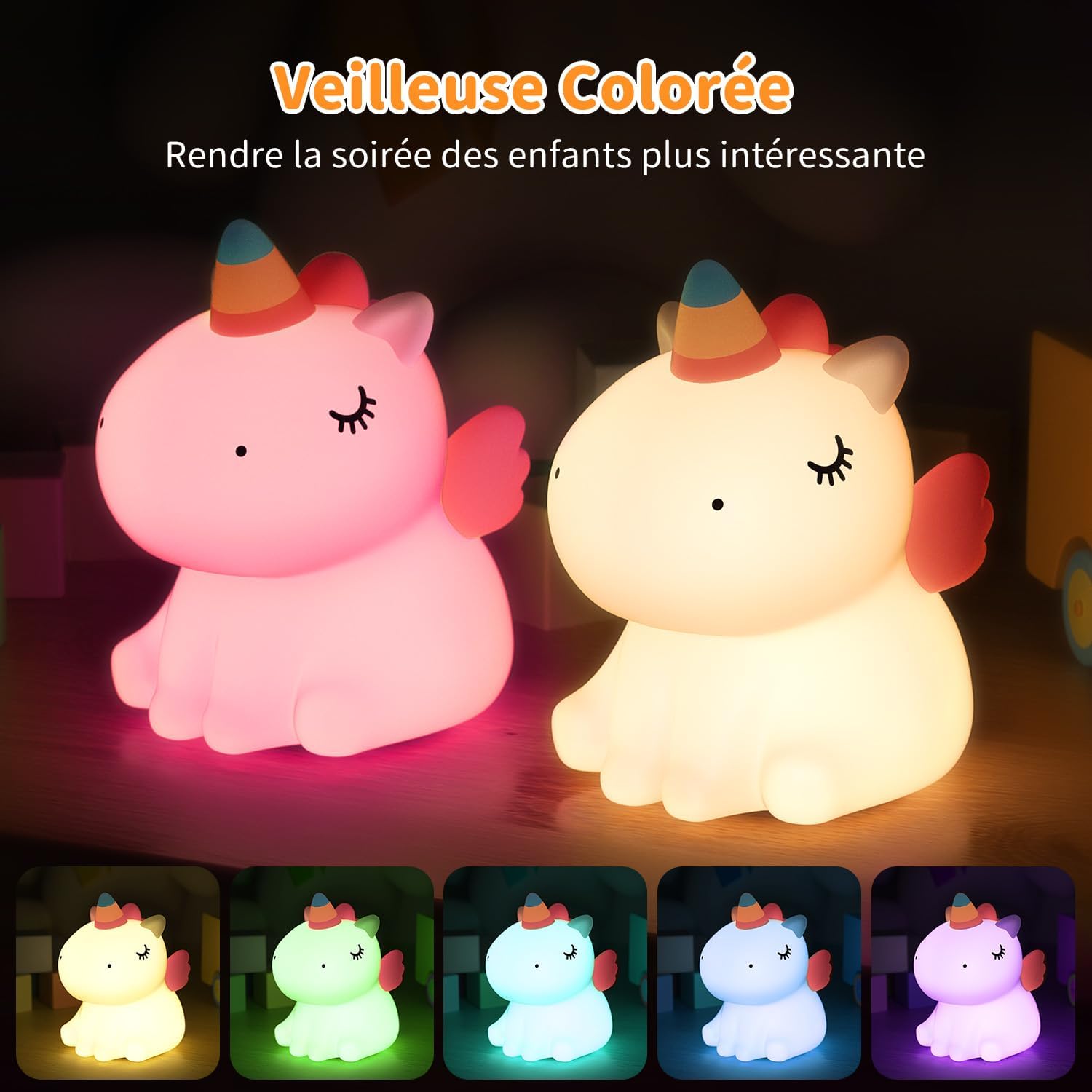 VIVREAL Veilleuse licorne pour enfants Silicone LED à intensité variable Souple Rechargeable Tactile Blanc