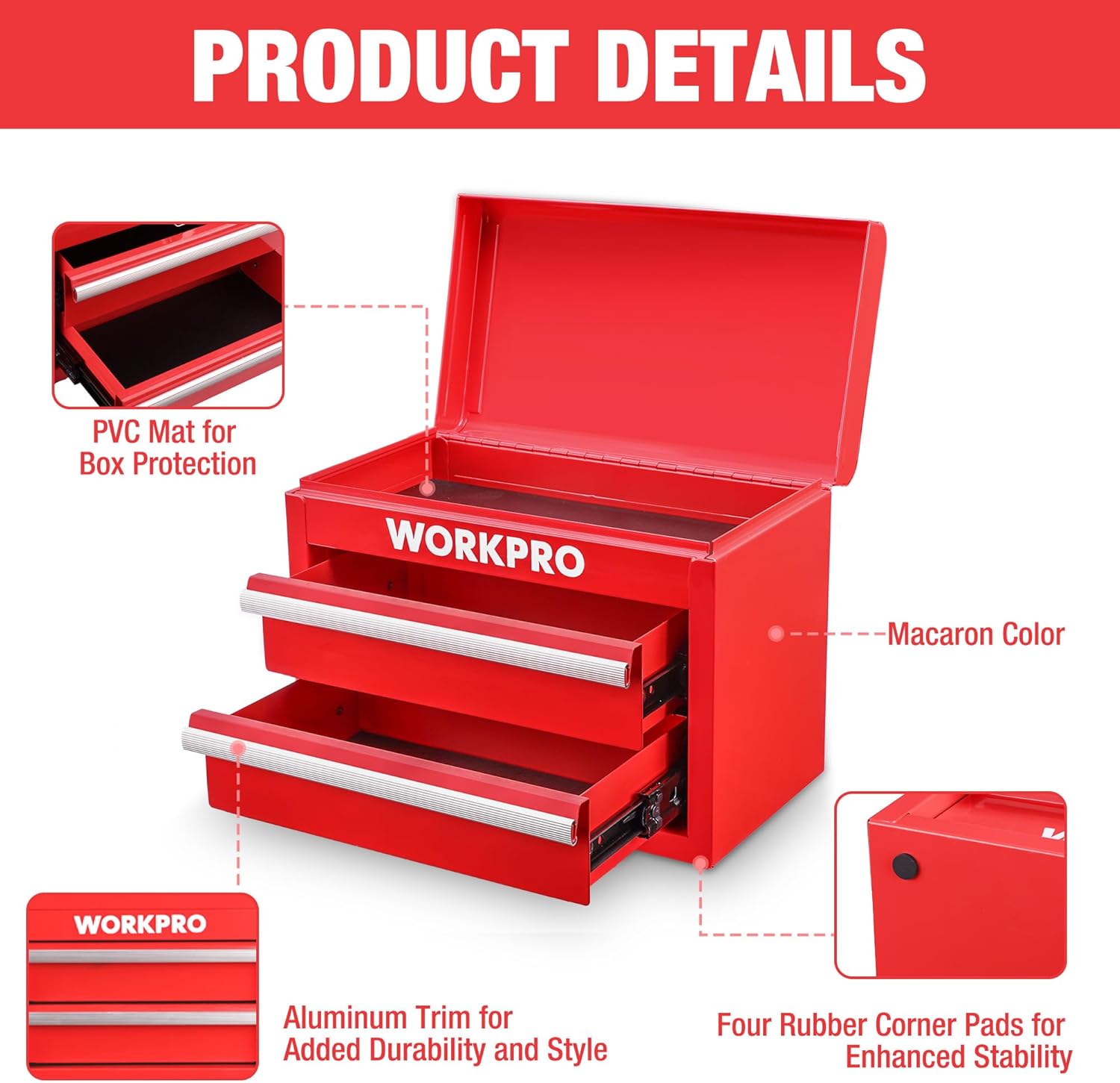 WORKPRO Boîte à tiroirs métallique avec 2 tiroirs et espace de rangement supérieur, Rouge, 27,5 x 15 x 20,8 cm, Organiseur de table avec tiroirs pour bureau, vestiaire et poste de travail