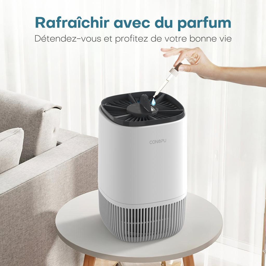 CONOPU Purificateur d'air HEPA avec diffuseur de parfum, 3 modes, minuterie 24 h, élimine fumée / pollen / squames et poils d'animaux, portable pour chambre / salon