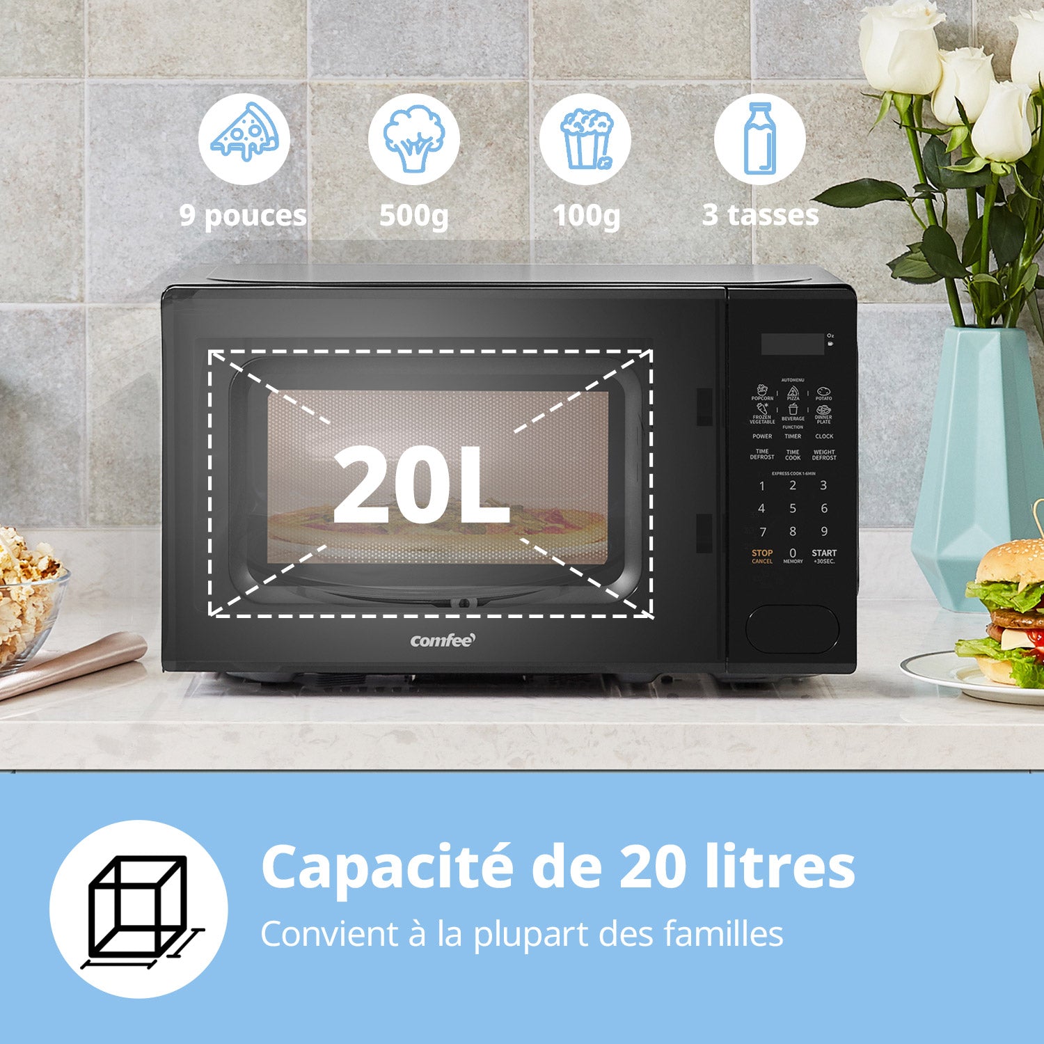 Comfee' CM-E202CC(BK) Micro-ondes numérique 700 W 20 L 6 menus prédéfinis Express Cook 11 niveaux de puissance Fonction de décongélation Fonction mémoire - Noir