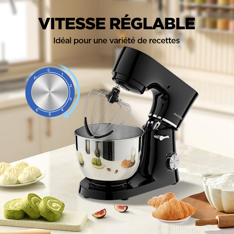 AUCMA ASM1559 Robot pâtissier 6 L 450 W 6 vitesses à tête inclinable avec bol en acier inoxydable SUS304, crochet pétrisseur, fouet, batteur et couvercle anti-éclaboussures, Noir