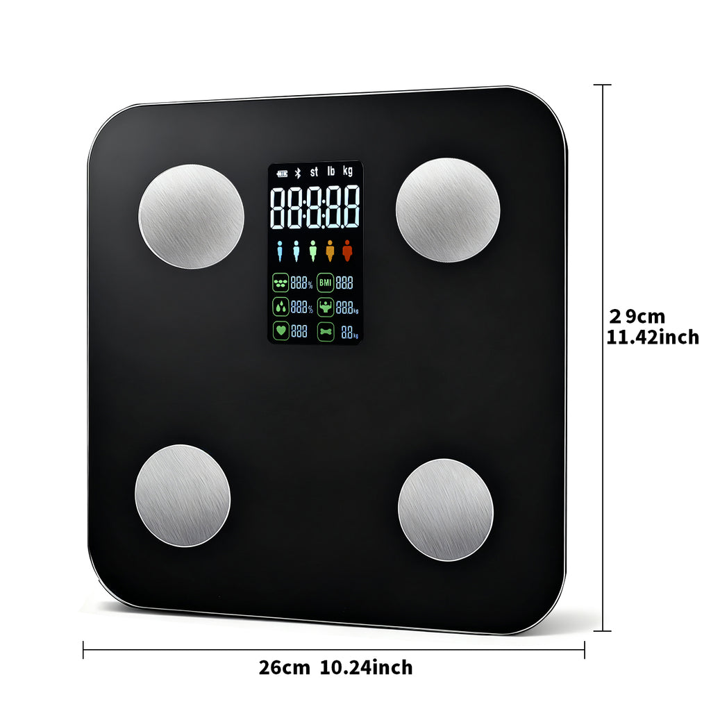 Sparoma ZJ08 Balance de salle de bain numérique avec écran LCD couleur – Alimentée par piles (4 × AAA non incluses), moniteur Bluetooth de graisse corporelle et de fréquence cardiaque avec suivi par application
