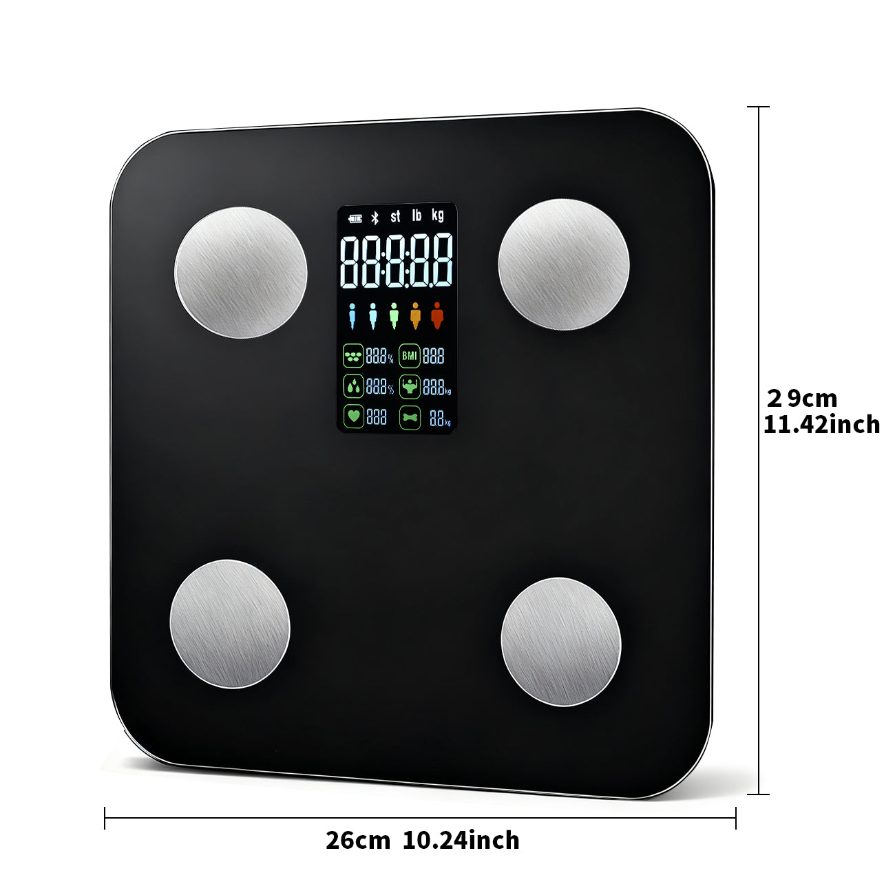 Sparoma ZJ08 Balance de salle de bain numérique avec écran LCD couleur – Alimentée par piles (4 × AAA non incluses), moniteur Bluetooth de graisse corporelle et de fréquence cardiaque avec suivi par application