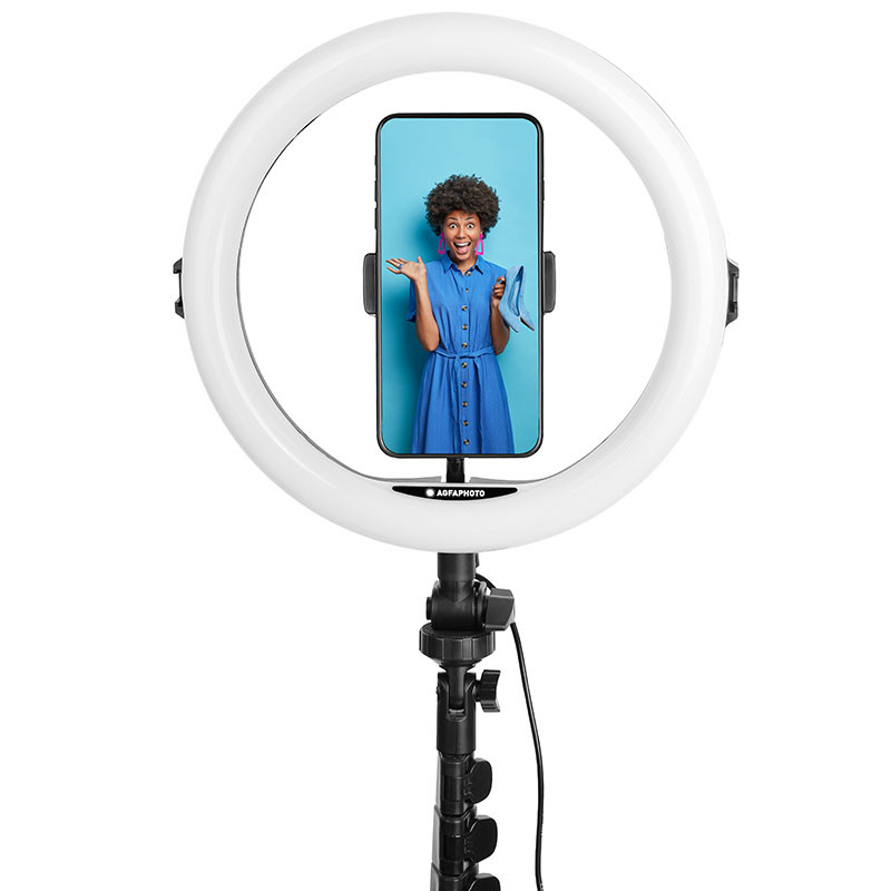 AgfaPhoto Lampe annulaire diamètre 28 po avec supports pour téléphone et appareil photo
