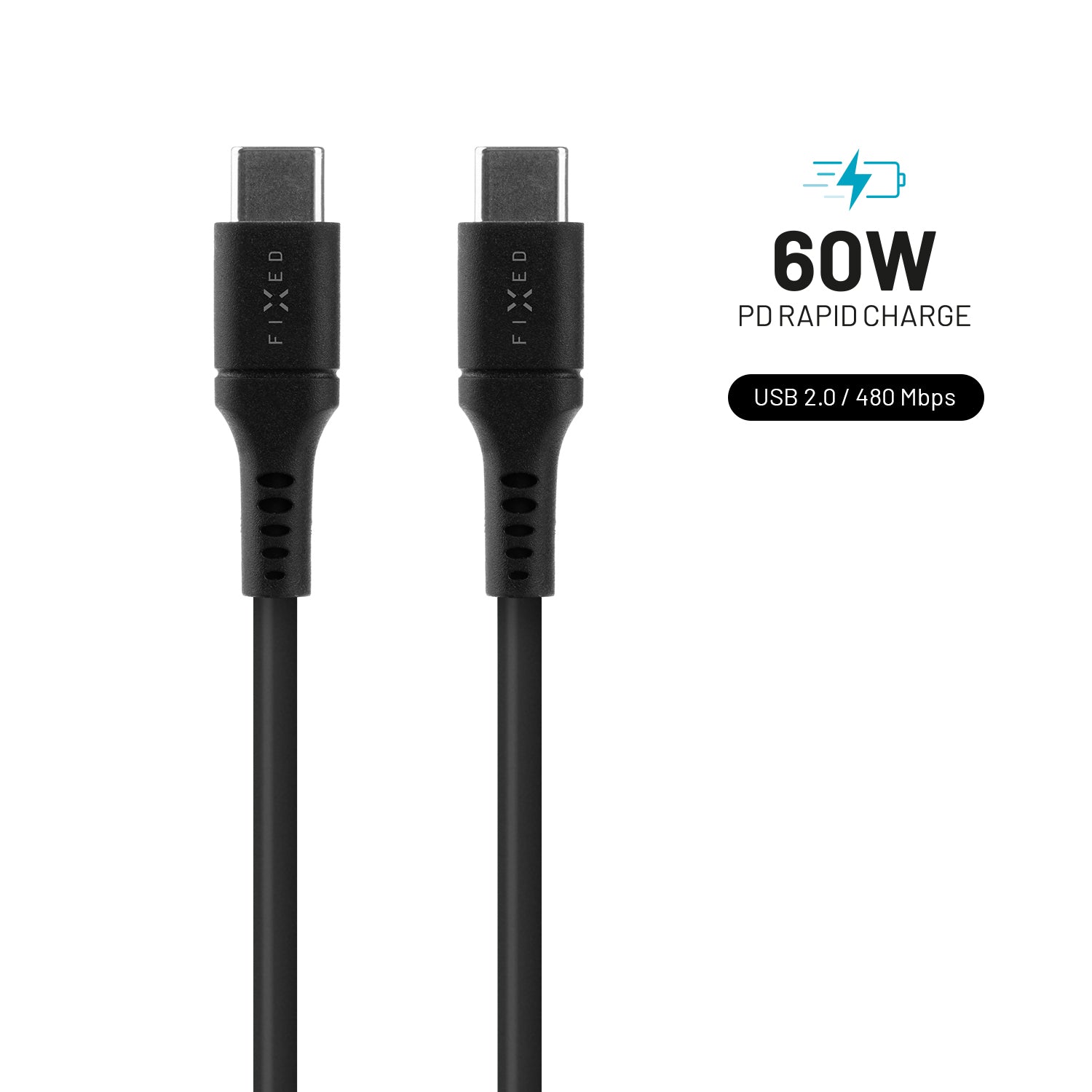 FIXED Câble Liquid Silicone USB-C/USB-C, 1,2 m, 60 W, noir