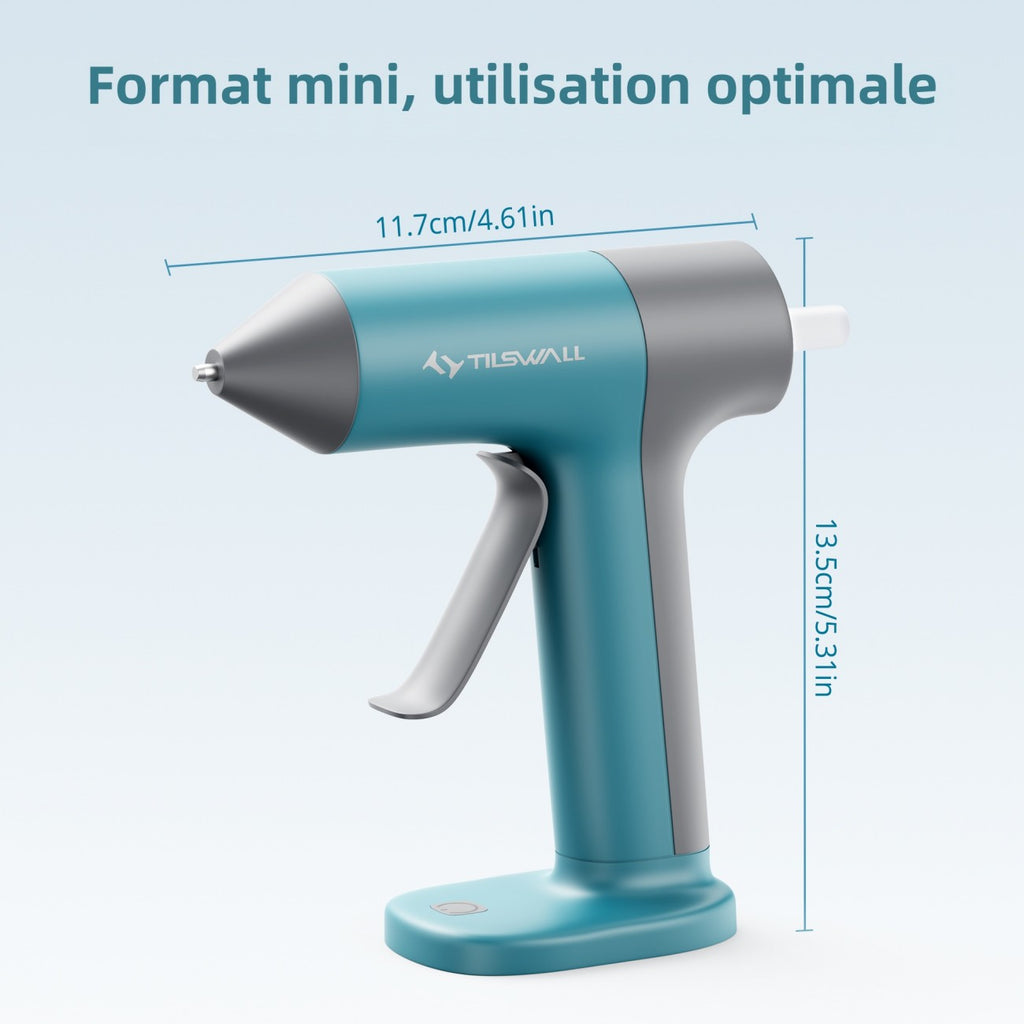 TILSWALL Ideal Mini pistolet à colle chaude sans fil avec 20 bâtons de colle 7 x 140 mm, Rechargeable USB-C, Chauffage rapide 30 s, Buse anti-goutte, Bleu