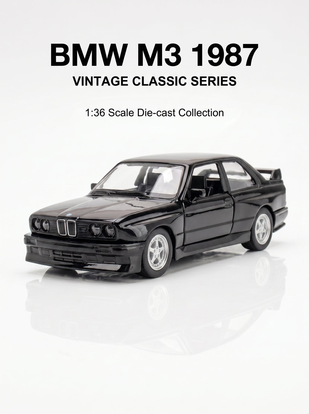Voiture Miniature Échelle 1:36 BMW M3 (1987) - Noir, Métal Serti, Portes Ouvertes, Action à Recul, Cadeau d'Anniversaire