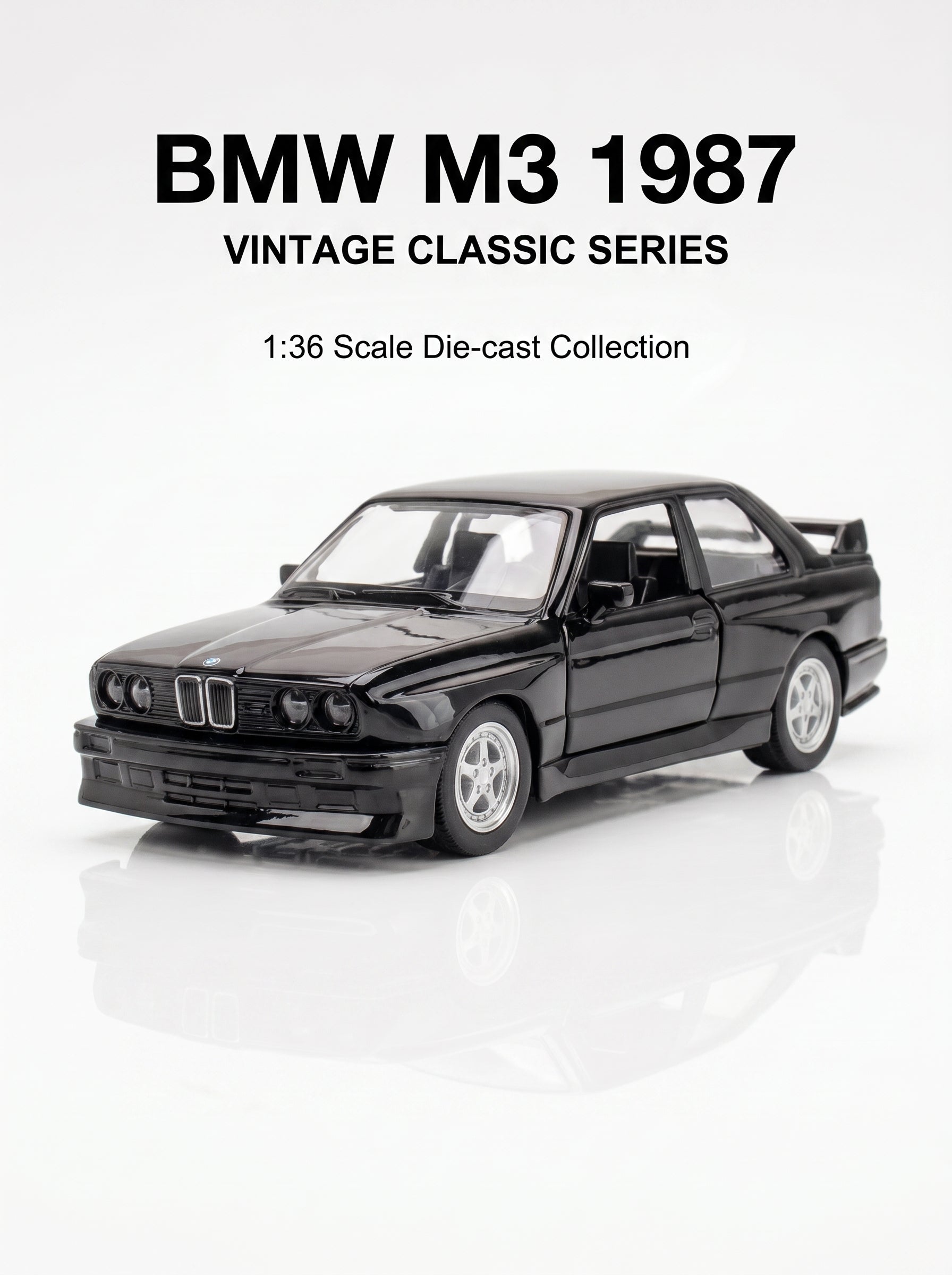 Voiture Miniature Échelle 1:36 BMW M3 (1987) - Noir, Métal Serti, Portes Ouvertes, Action à Recul, Cadeau d'Anniversaire