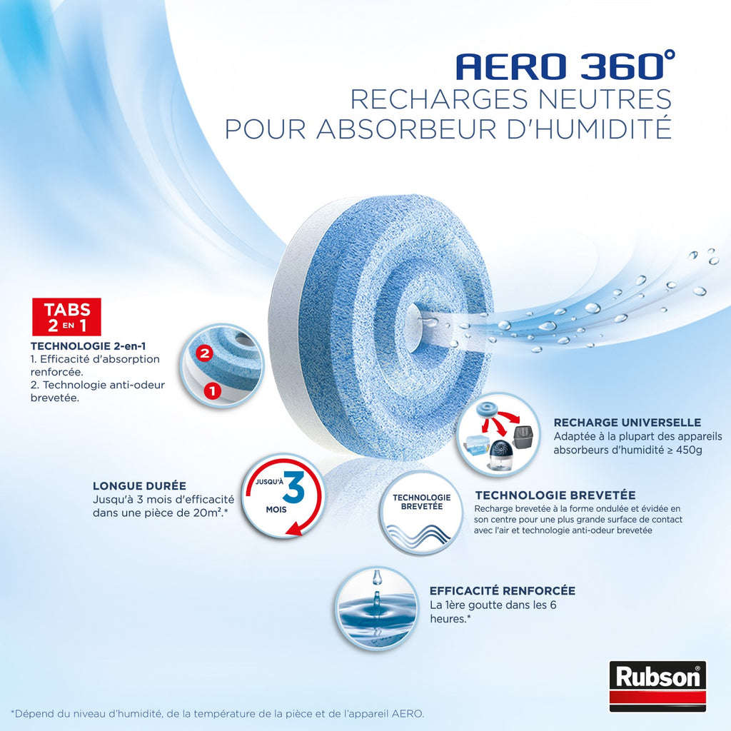 Rubson AERO 360° TAB, recharges en tabs neutres pour absorbeur d'humidité, ultra absorbantes et anti odeurs recharges pour déshumidificateurs AERO 360°, 6 x 450 g