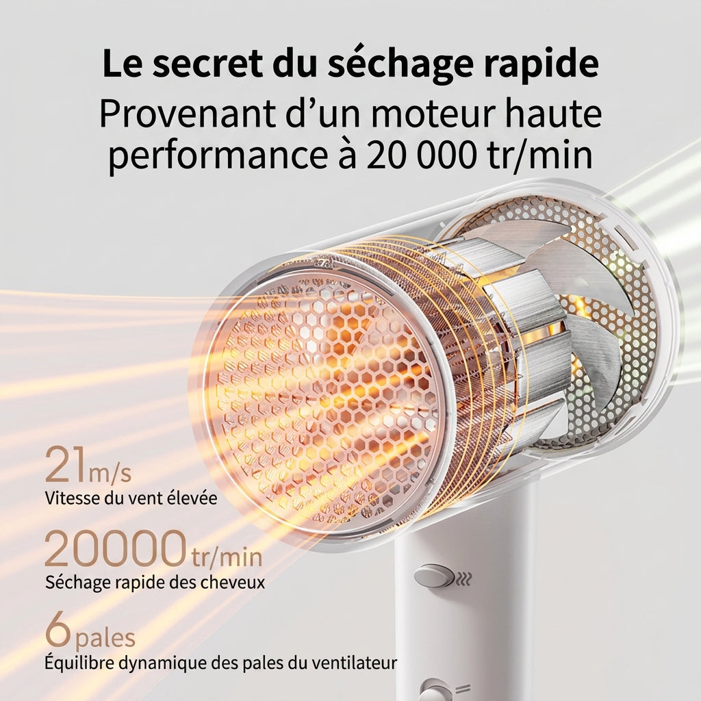 ochama sèche‑cheveux ultra‑léger, puissance 1800W, 20 000 tr/min, 480g léger, faible bruit, séchage rapide aux ions négatifs, embout fourni