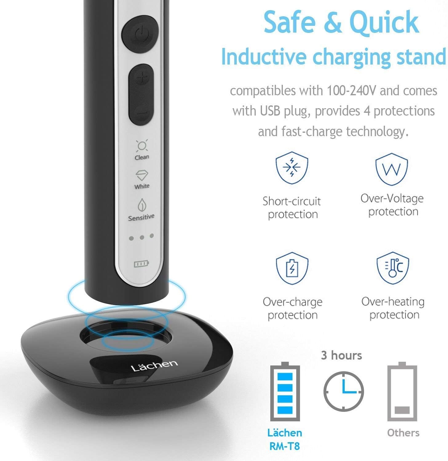 Lächen Brosse à dents électrique sonique pour adultes – Rechargeable, avec étui et 6 têtes de brosse – Idéale pour les voyages et l'usage familial – Recharge sans fil, 5 modes, 48 000 VPM - Noir