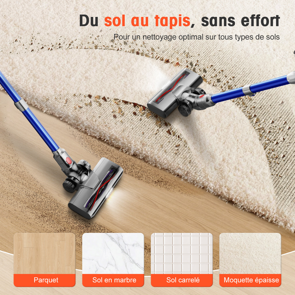 Aspirateur sans fil Daynee, 45000 Pa, 50 min, 1,6 L, 4 filtres HEPA, pour poils d'animaux, tapis, sols durs