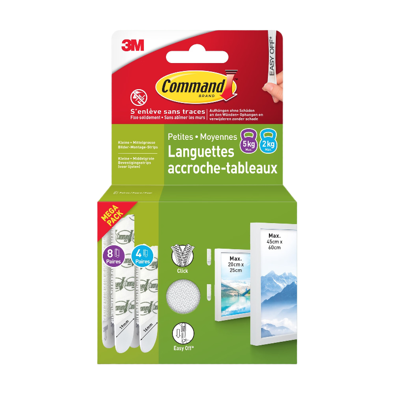 Command™ Multi pack languettes de fixation enlevable tableau Blanc 4 paires PM + 8 paires MM
