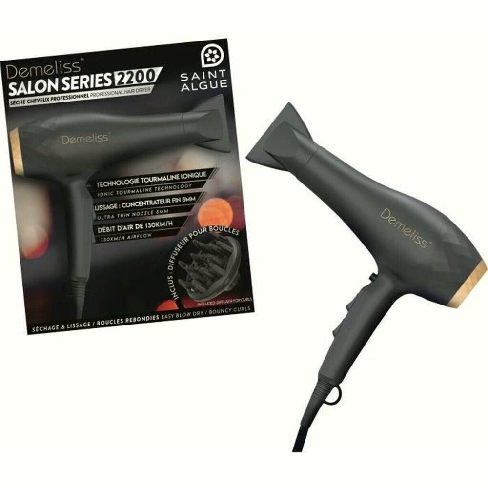 Demeliss Saint Algue Série Professionnelle Salon 2200 Sèche-cheveux - Ionique Tourmaline - Anti-frisottis - 2 vitesses, 3 températures - Moteur AC puissant - Diffuseur + Concentrateur - Noir