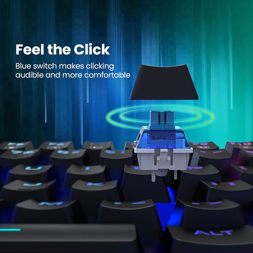 Clavier de jeu mécanique filaire 100 % ET, disposition QWERTY US, clavier filaire USB à interrupteurs bleus, 20 modes d'éclairage RVB, clavier complet à 104 touches
