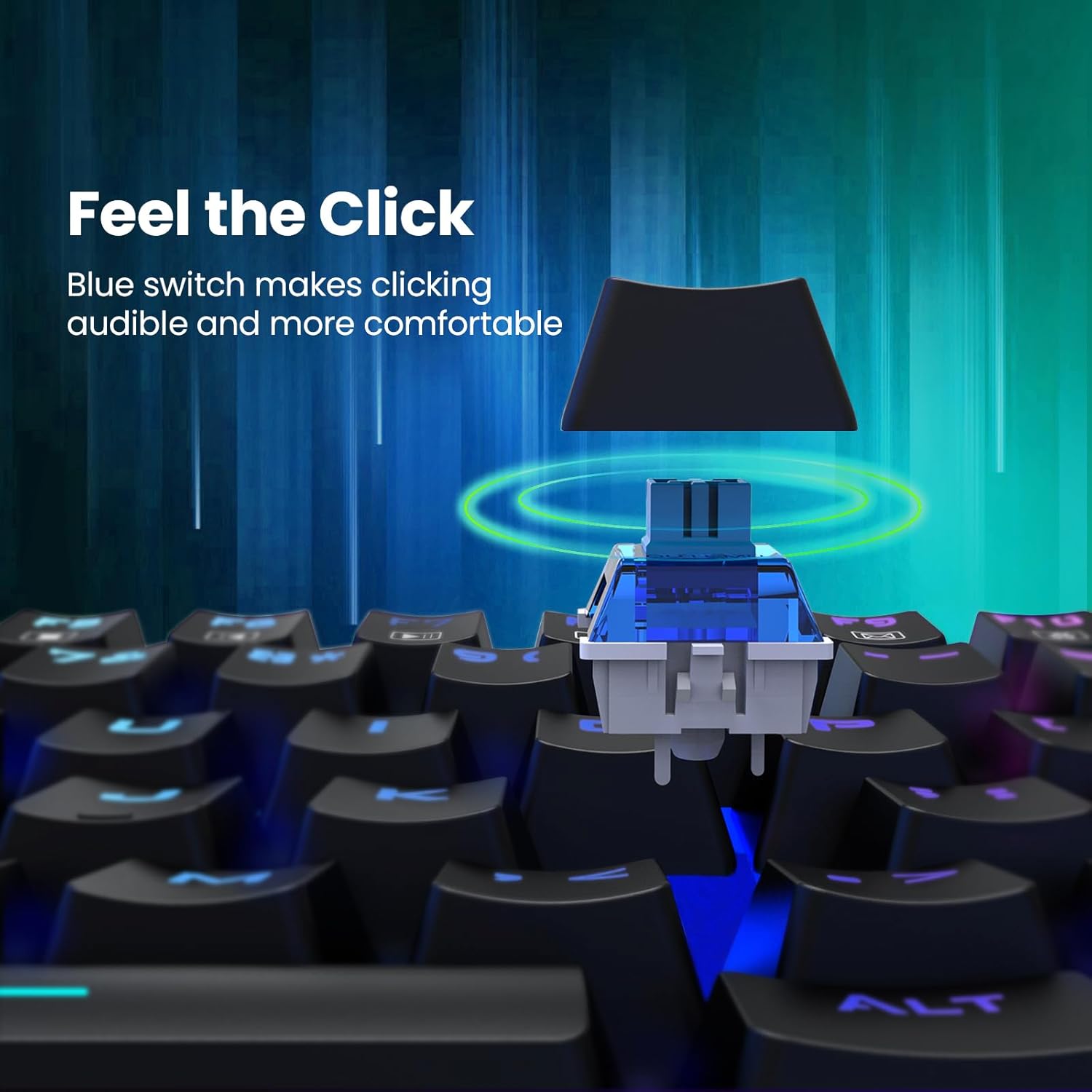 Clavier de jeu mécanique filaire 100 % ET, disposition QWERTY US, clavier filaire USB à interrupteurs bleus, 20 modes d'éclairage RVB, clavier complet à 104 touches