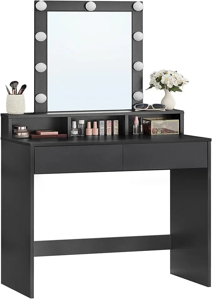 JOYFURNOS Coiffeuse avec LED réglable, miroir intégré, 2 tiroirs et 3 compartiments ouverts - noir moderne