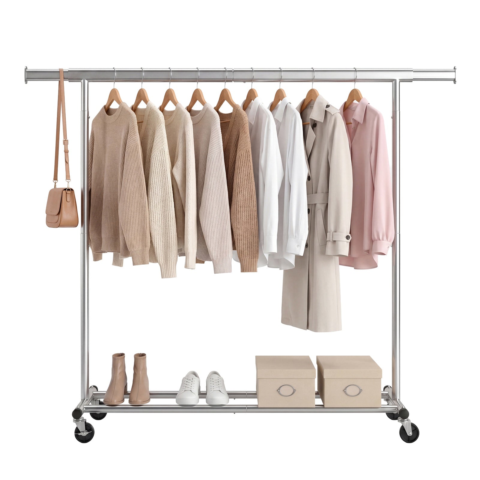 JOYFURNOS Portant à Vêtements sur Roulettes, Portant à Vêtements Réglable, Robuste, Pour Chambre, Capacité 150 kg, Montage Facile, Argent
