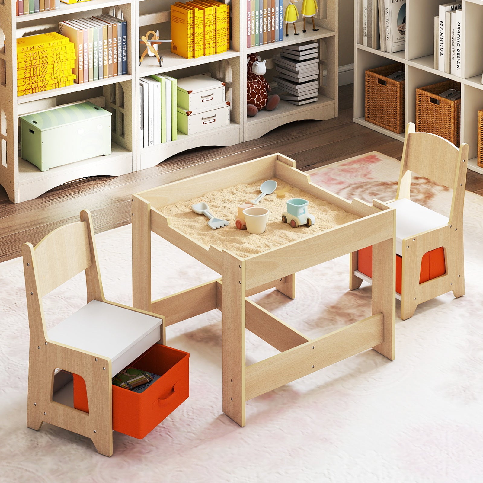 Table d'activités en bois avec 2 sièges et plateau double face amovible - Naturel