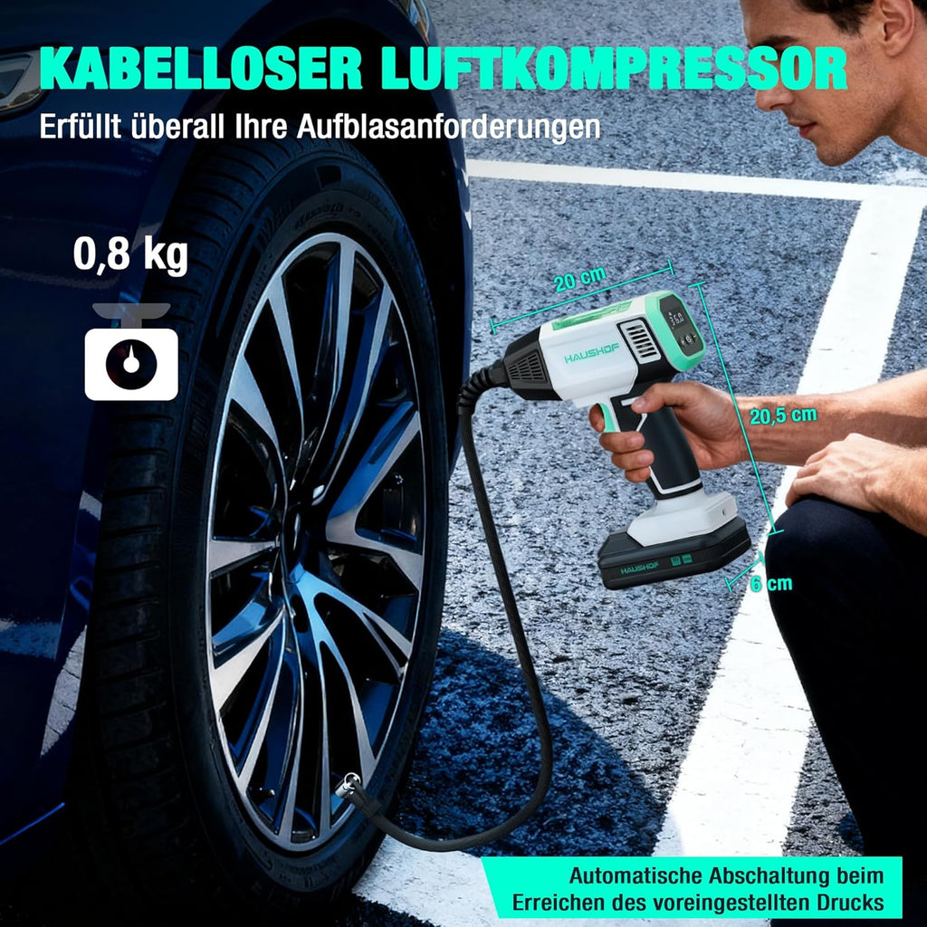 HAUSHOF Compresseur sans fil pour voitures Pompe à air portable avec batterie 2000 mAh 4 modes intelligents + mode manuel Affichage numérique Arrêt automatique pour pneus motos vélos ballons