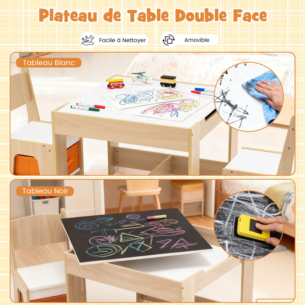 Table d'activités en bois avec 2 sièges et plateau double face amovible - Naturel