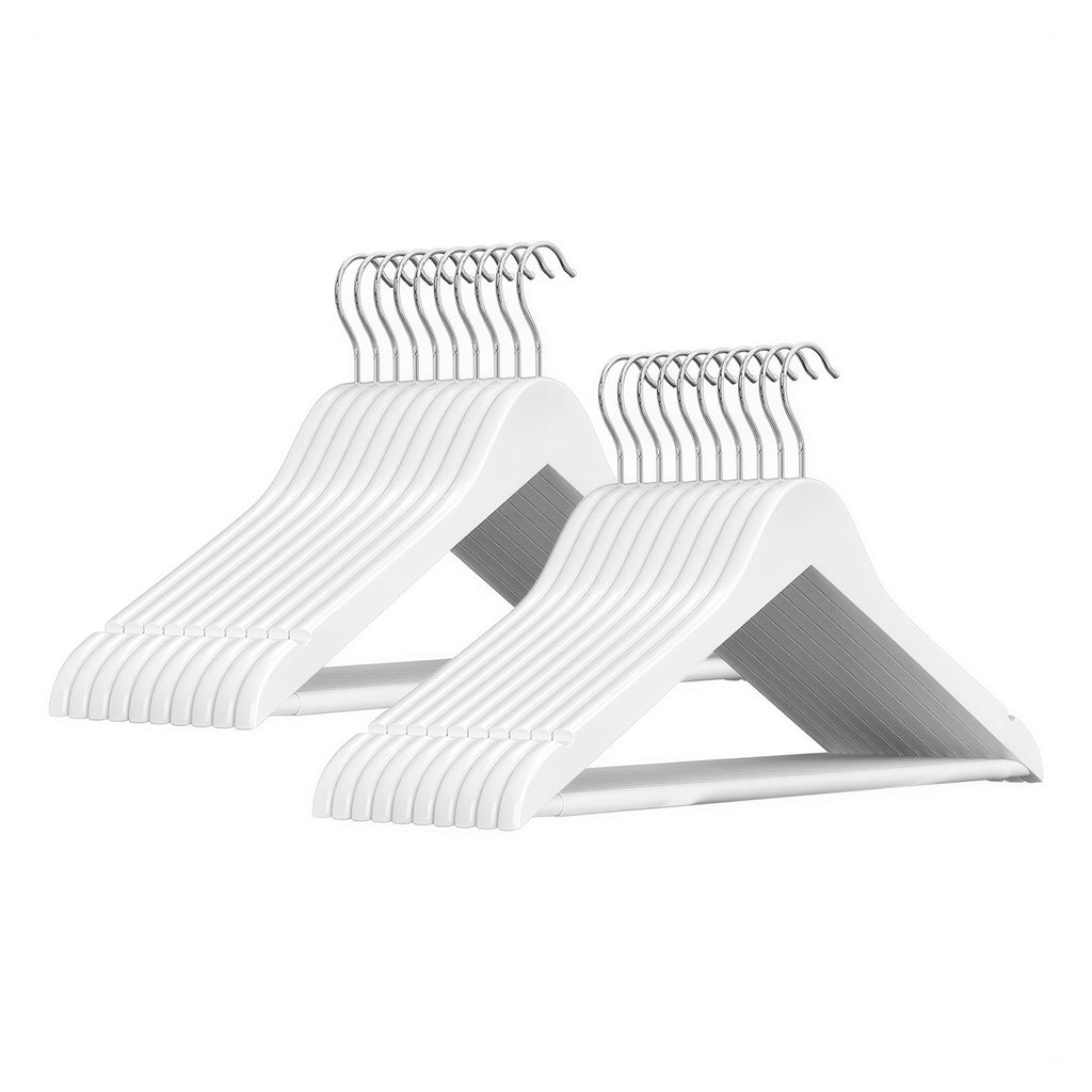 JOYFURNOS Cintres en Bois Blanc & Argent (Lot de 20) – Encoches sur les Épaules, Crochet Pivotant à 360°, Barre Antidérapante pour Pantalons – Parfait pour Costumes, Chemises & Manteaux