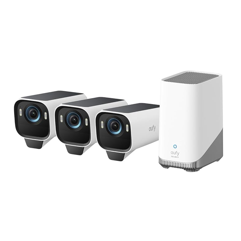 eufy Security S3 Pro 3+1 Kit, Caméra de surveillance sans fil WiFi 4K avec panneau solaire, Vision nocturne MaxColor, Reconnaissance faciale par IA, Stockage local, Aucun frais mensuel