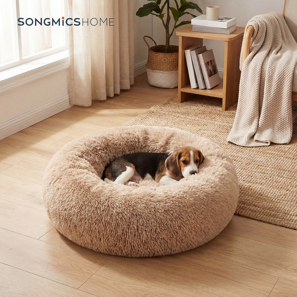 JOYFURNOS Lit pour cage de chien en peluche apaisant en forme de donut avec housse amovible et lavable en machine, camel, 70 x 20 cm
