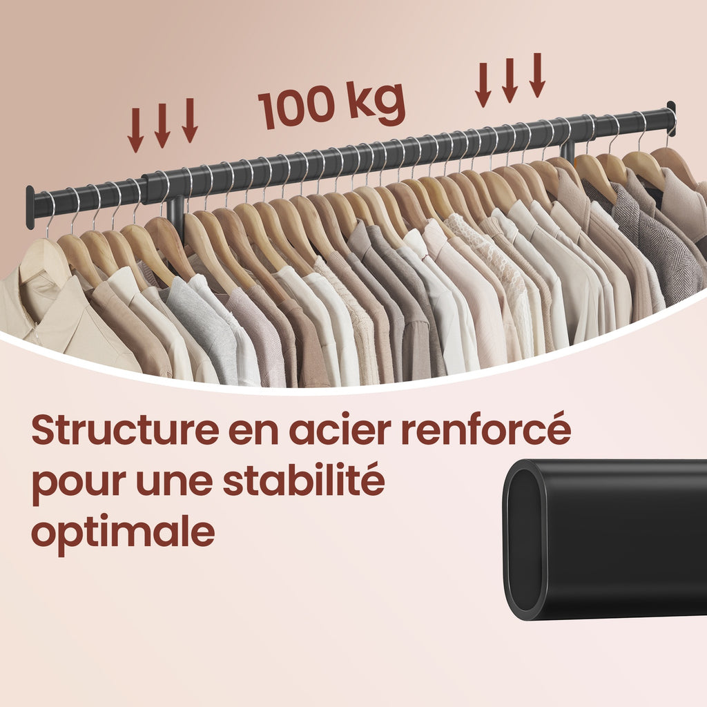JOYFURNOS Portant à Vêtements sur Roulettes, Tringle à Vêtements Robuste, 45 x (92-132) x 161,5 cm, avec Tringle Extensible, Capacité de Charge 100 kg, Portable, Noir