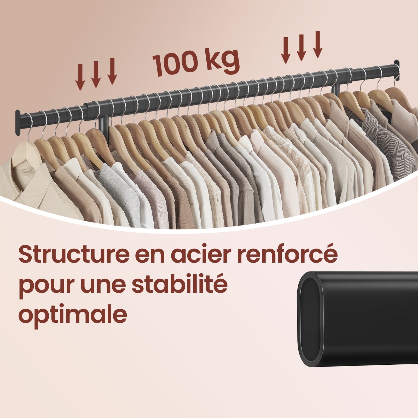 JOYFURNOS Portant à Vêtements sur Roulettes, Tringle à Vêtements Robuste, 45 x (92-132) x 161,5 cm, avec Tringle Extensible, Capacité de Charge 100 kg, Portable, Noir