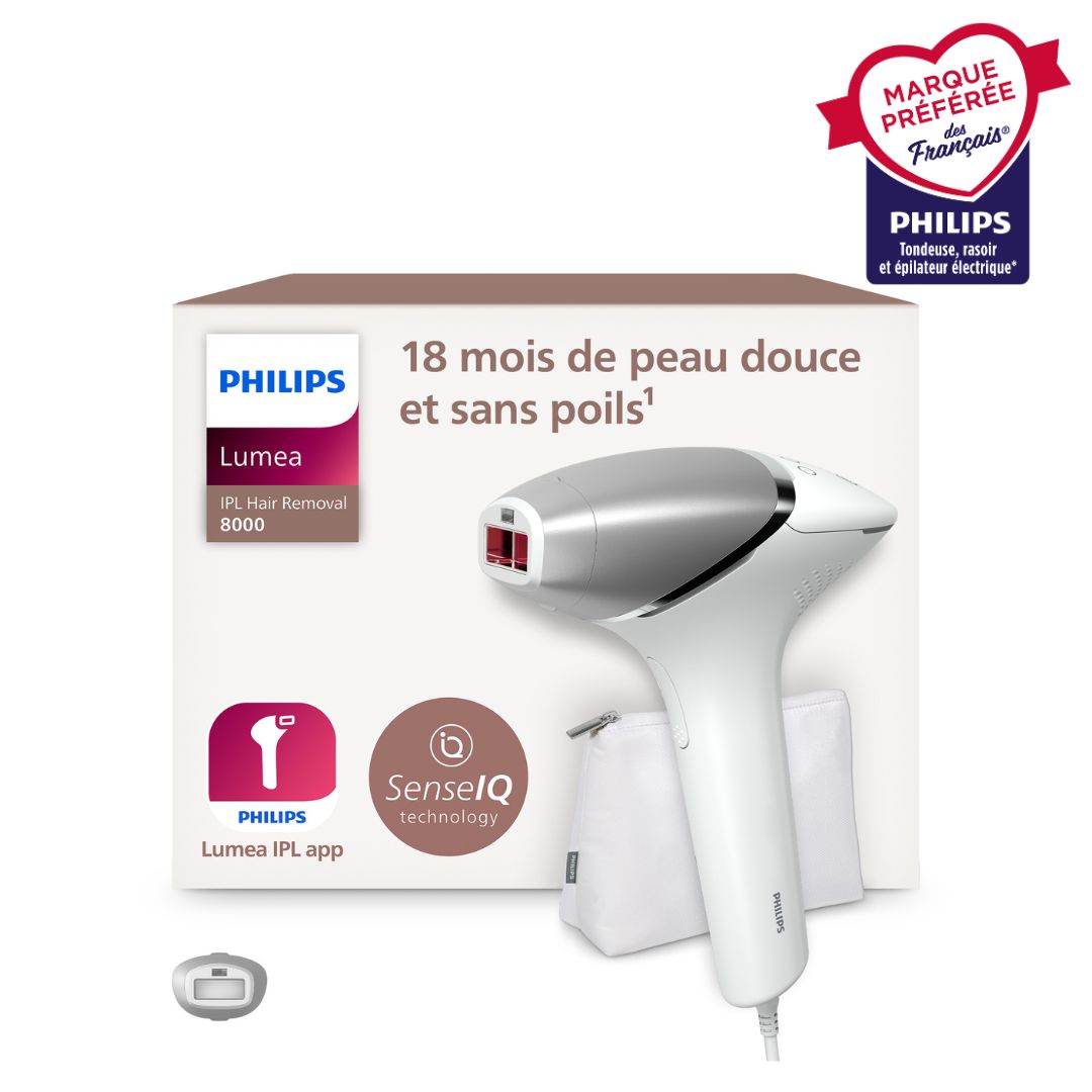 Philips Lumea Series 8000 BRI940/00 Épilateur à lumière pulsée capteur SmartSkin, 5 niveaux d'intensité, 1 accessoire intelligent corps (4,1 cm²), application Lumea IPL, sur secteur - Blanc