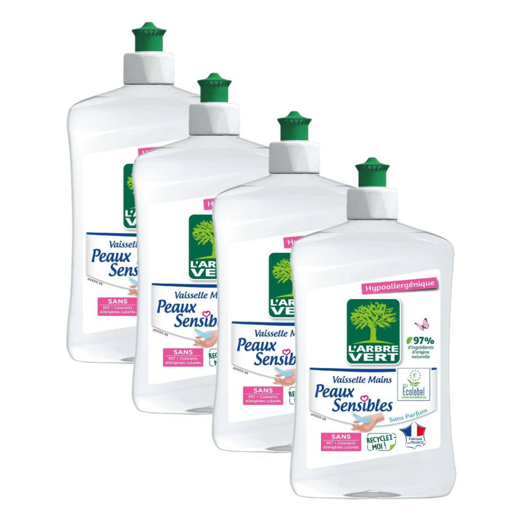 L'Arbre Vert Liquide Vaisselle Hypoallergénique, Peaux Sensibles, Sans Parfum, 4 x 500 ml (= 2 L)
