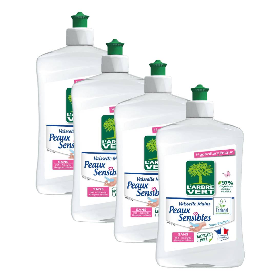 L'Arbre Vert Liquide Vaisselle Hypoallergénique, Peaux Sensibles, Sans Parfum, 4 x 500 ml (= 2 L)