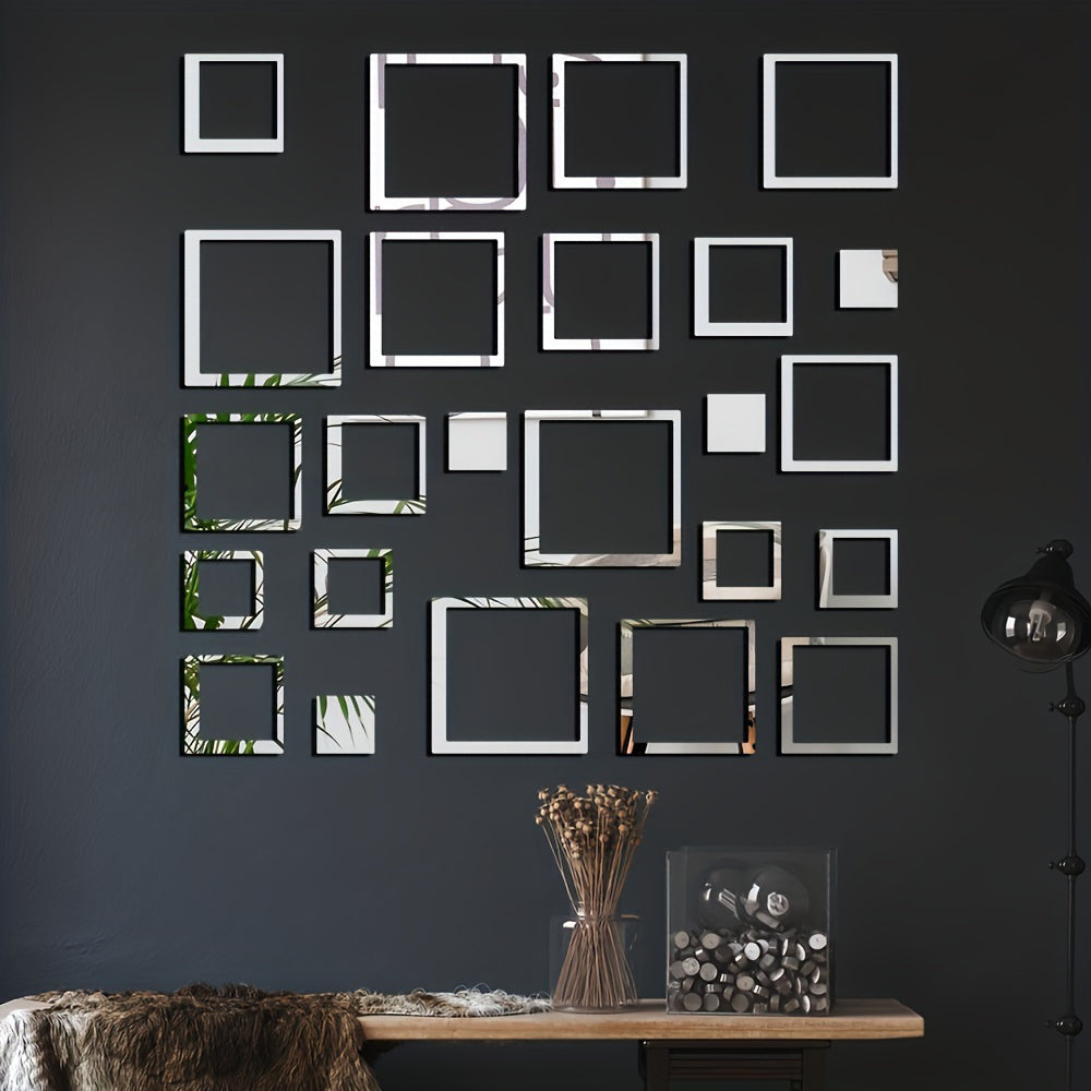 WhereHike Lot de 24 autocollants rectangulaires évidés en acrylique PVC finition miroir, auto-adhésifs, imperméables, amovibles, Argent