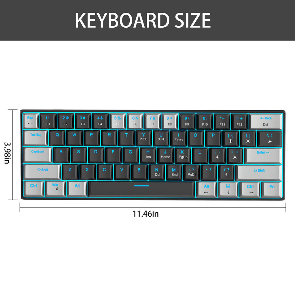 MageGee STAR 61 Clavier gaming filaire 60 % QWERTY US, clavier compact filaire à rétroéclairage LED bleu avec câble USB Type-C détachable