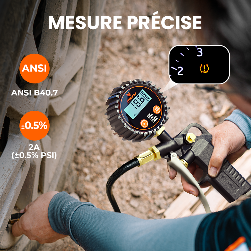 ETENWOLF T500 Manomètre numérique pour pneus avec gonfleur 0-250 PSI, calibré selon ANSI B40.7 grade 2A, embout à air et accessoires pour compresseur avec sac de rangement - Noir