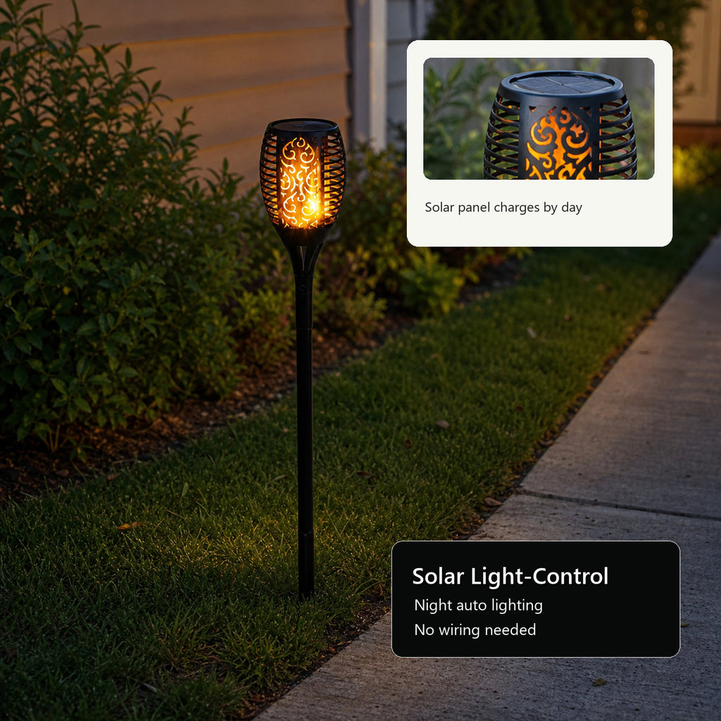 Arlgsite Lot de 2 torches solaires de jardin 96 LED, luminaires de torches avec effet flammes dansantes, IP65 résistants à la poussière et aux projections d’eau