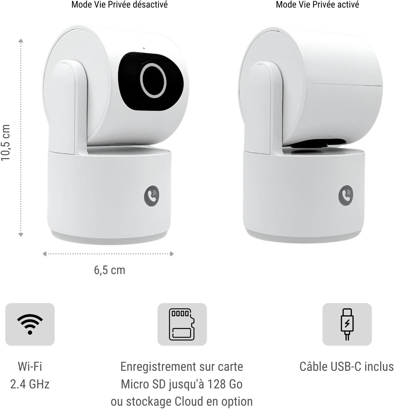 Konyks Camini Care 2 Caméra de Surveillance intérieure WiFi PTZ, 3MP, Bouton d'appel vidéo et Sirène intégrée, Notifications Smartphone, Détection de Mouvement et Bruit