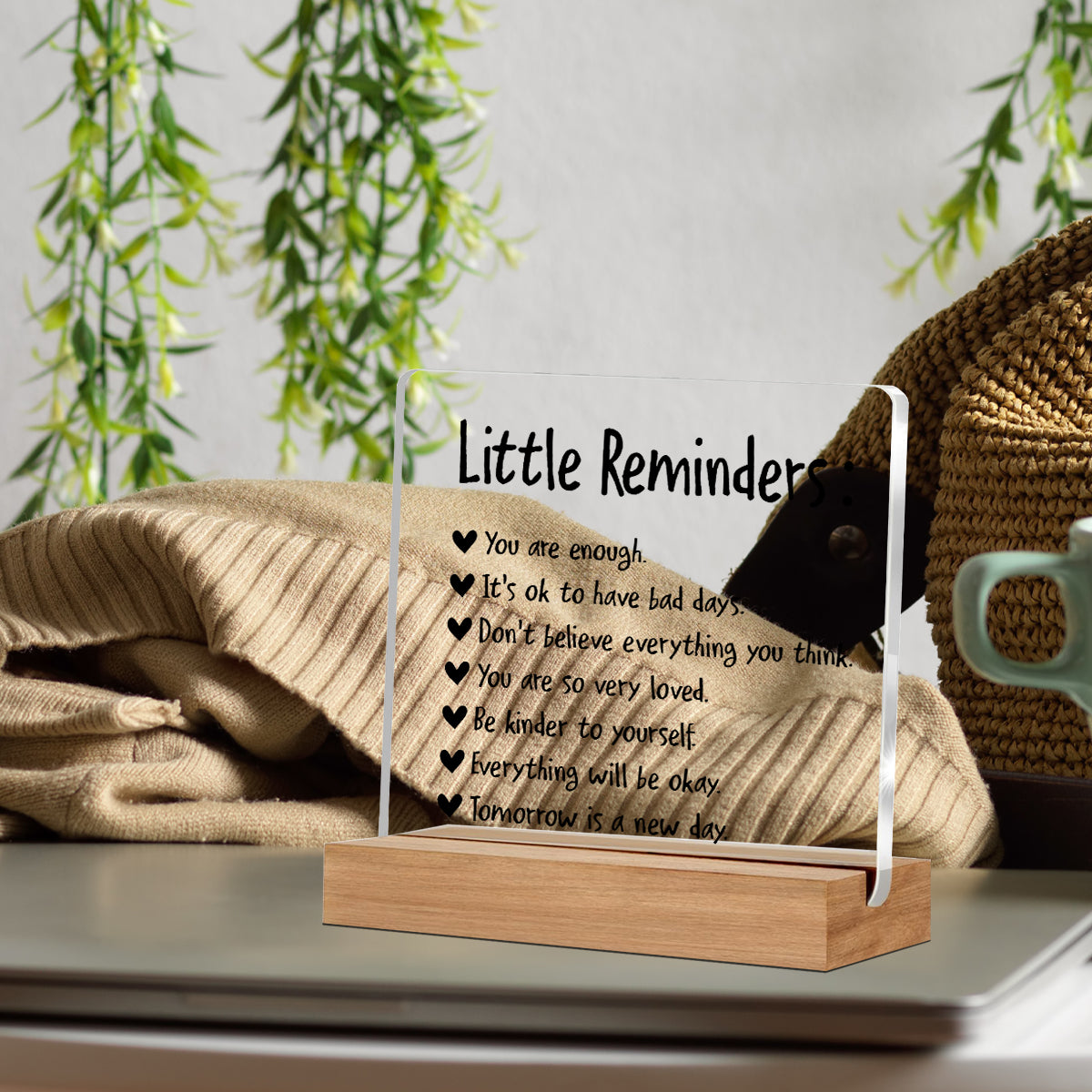 Alphynix Plaque en acrylique « Petits rappels » 1 pièce, Support avec socle en bois, 7 messages encourageants comme « Tu es à la hauteur » et symboles de cœur