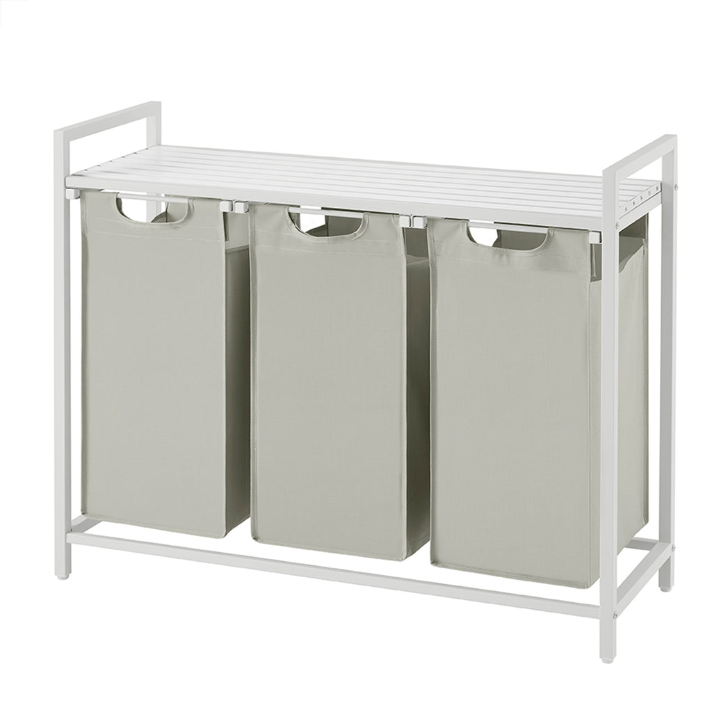 JOYFURNOS Panier à linge, Corbeille à linge à 3 compartiments, Sacs intérieurs coulissants et amovibles, Trieur de vêtements, Cadre en métal, 3 x 40 L, 92,5 x 33 x 72 cm, Blanc crème et blanc mat