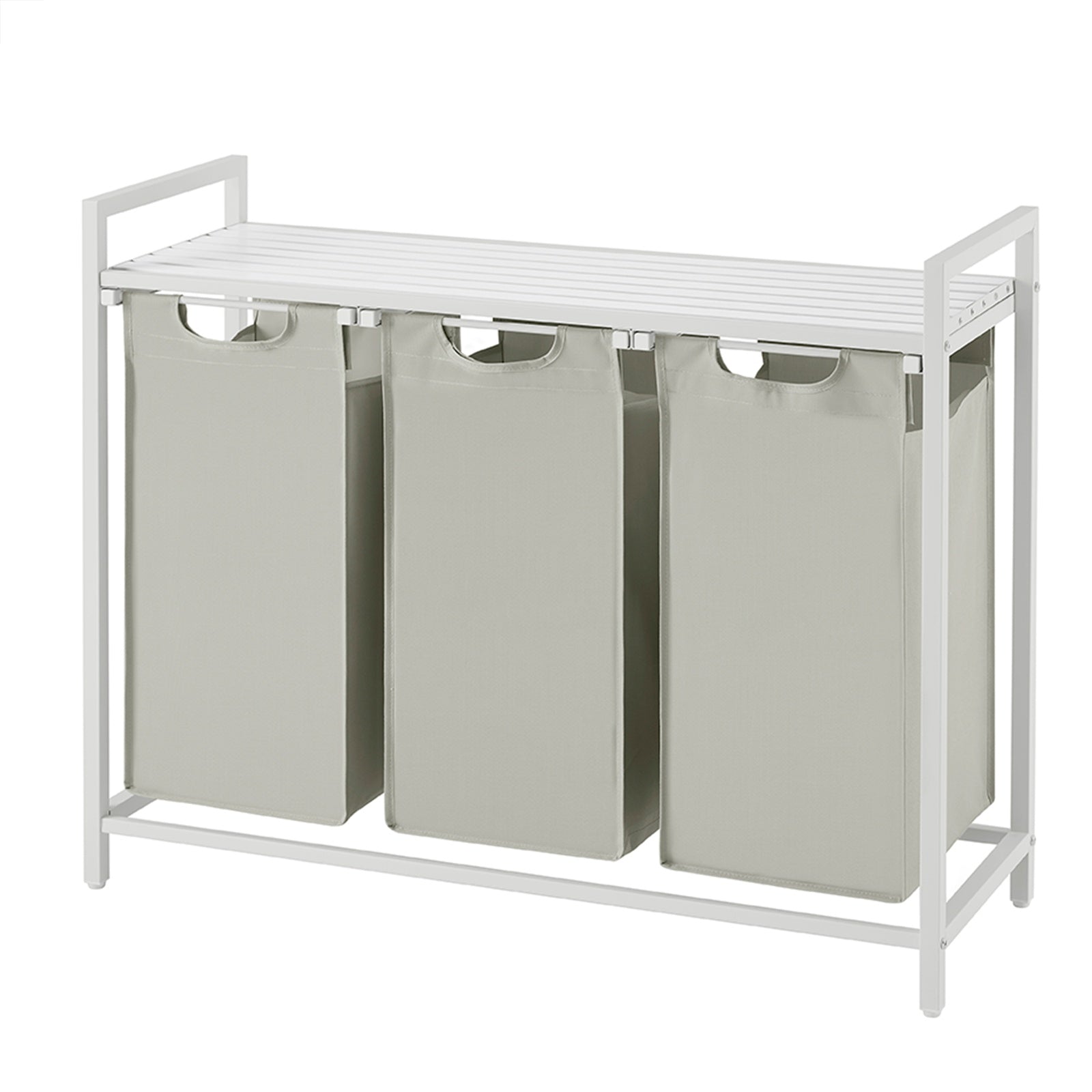 JOYFURNOS Panier à linge, Corbeille à linge à 3 compartiments, Sacs intérieurs coulissants et amovibles, Trieur de vêtements, Cadre en métal, 3 x 40 L, 92,5 x 33 x 72 cm, Blanc crème et blanc mat