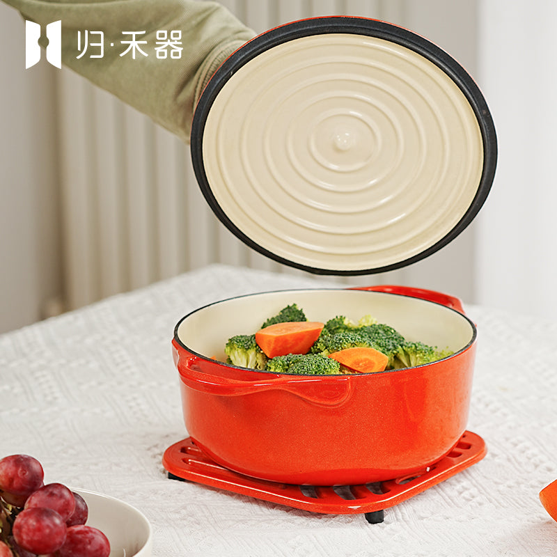 Guiheqi Édition limitée - Cocotte en fonte émaillée à double anse, fond plat, pression douce - 22 cm, 3 L - Orange vermillon kaki