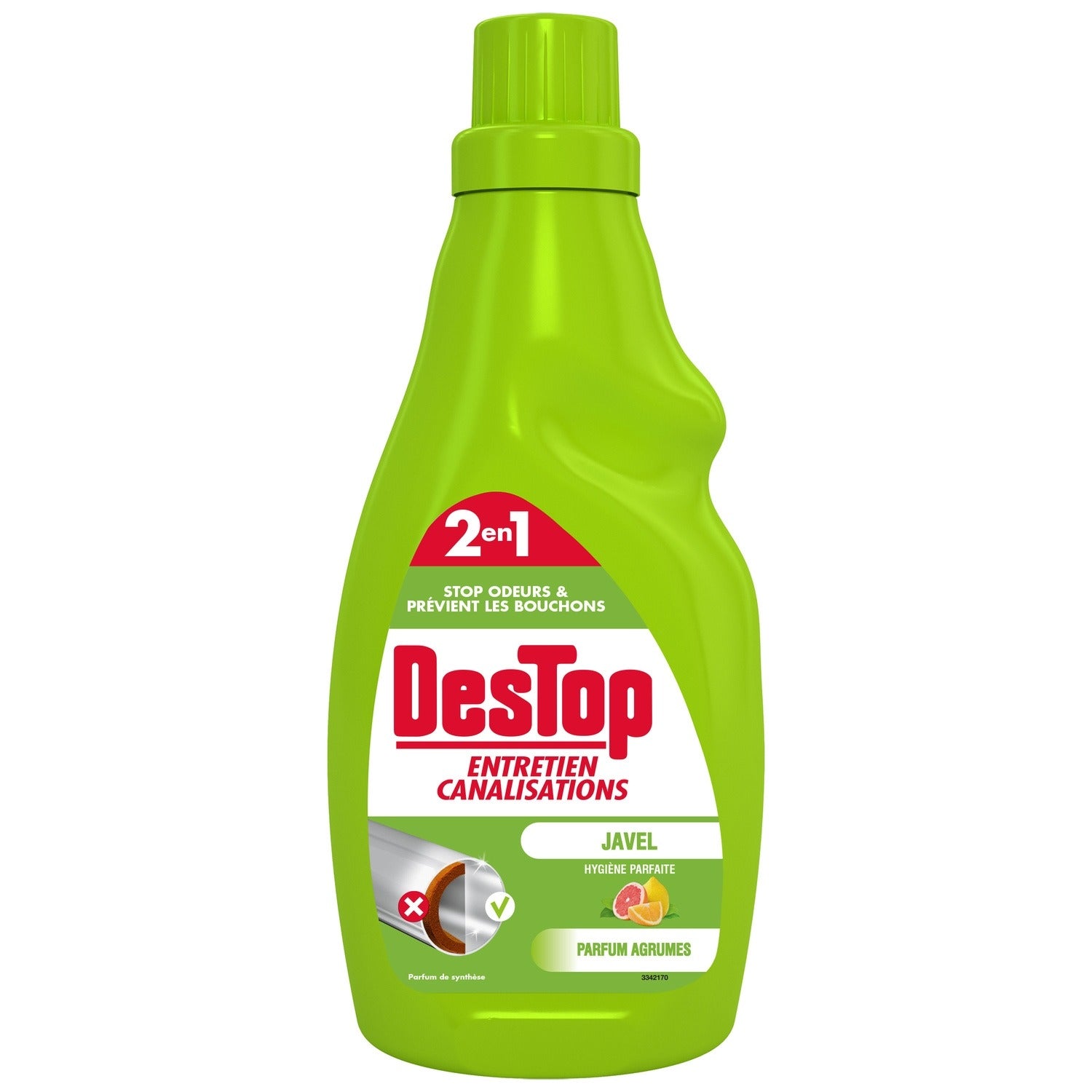 Destop 2-en-1 Gel d'Entretien Canalisations Javel, 4 Actions, Fraîcheur Agrumes, 750 ml