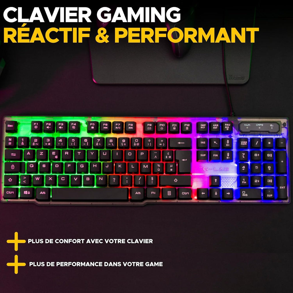 THE G-LAB Keyz Neon Clavier Gaming Membrane Filaire RGB, Taille Complète - AZERTY - Noir