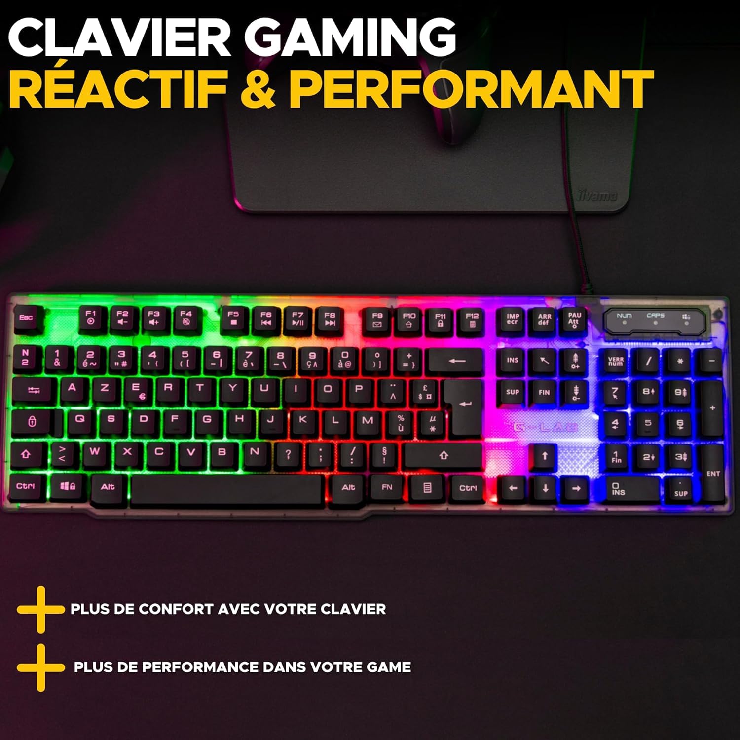 THE G-LAB Keyz Neon Clavier Gaming Membrane Filaire RGB, Taille Complète - AZERTY - Noir