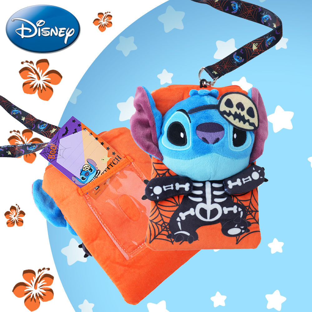 Disney 1 pièce Porte-carte Stitch Halloween en peluche avec tour de cou, sous licence officielle, thème effrayant squelette et toile d'araignée