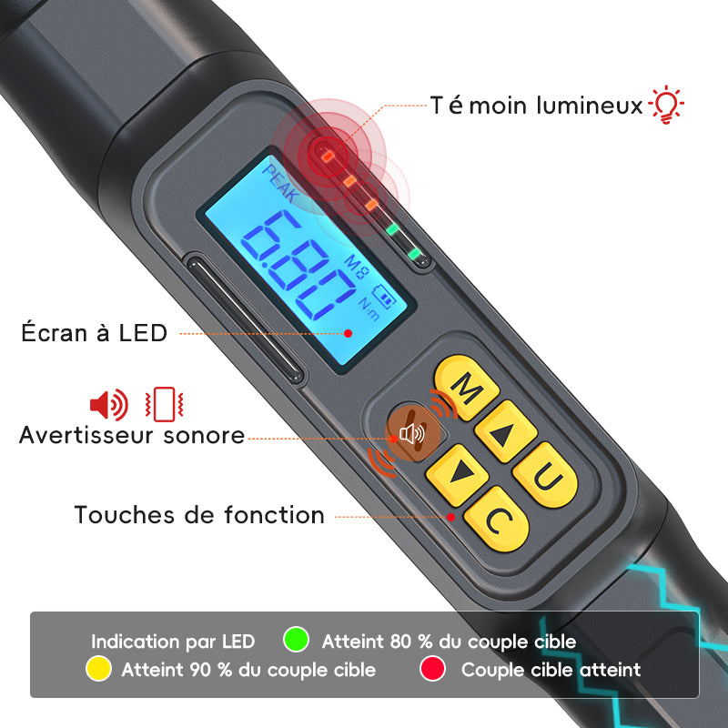 Clé dynamométrique numérique professionnelle Movecrab 1/2" 17-340 N.m Précision ±2% Affichage LED avec Nm/in.lb/ft.lb/kg.cm Alarme sonore