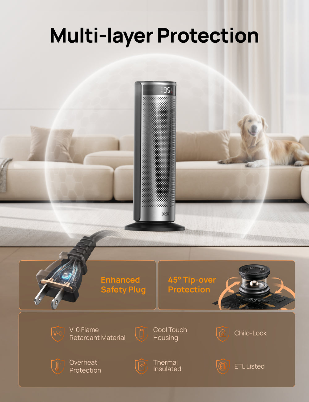 DREO radiateur soufflant économe en énergie 2000W, élément chauffant en céramique PTC, minuterie 12 heures, oscillation à 70°, télécommande, silencieux 34dB, 8 protections de sécurité, Solaris 628