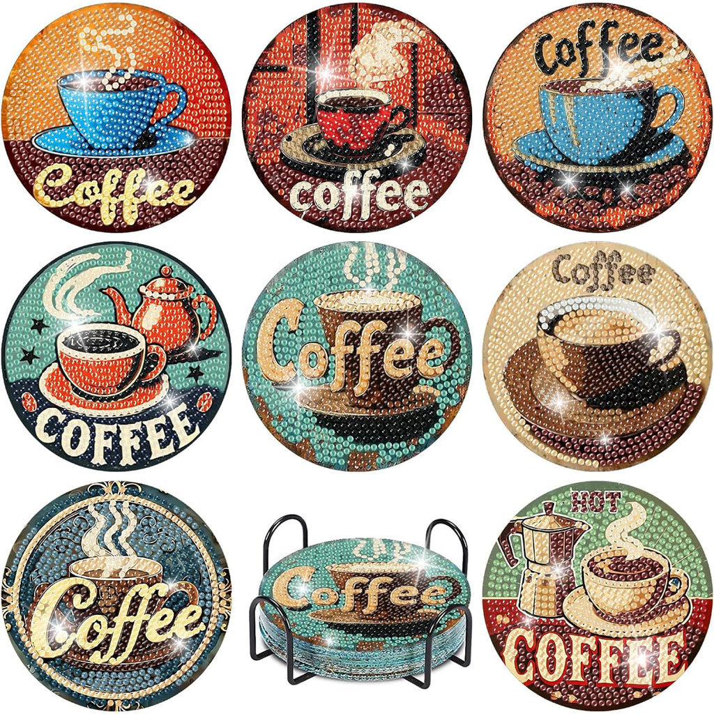 Ju7cer Ensemble de sous-verres de peinture diamant café - 8 pièces carrés sous-verres d'art décoratif avec support | Bricolage DIY pour adultes 4×4 pouces (10×10 cm)