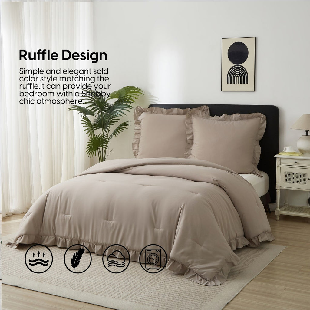 MEEALLHOME Parure de lit vintage à volants blé - 1 housse 240 x 220 cm et 2 taies 65 x 65 cm